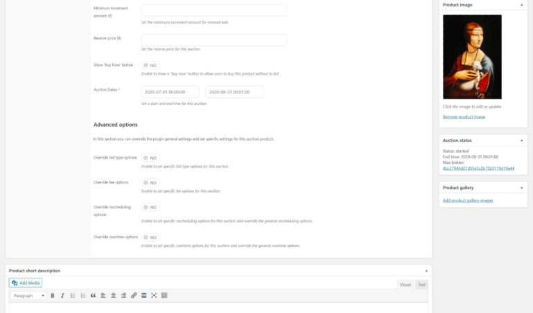 Auction product settings