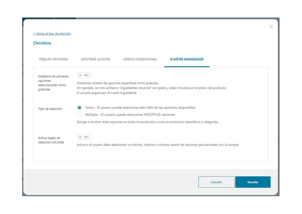 Ajustes avanzados de la casilla de verificación