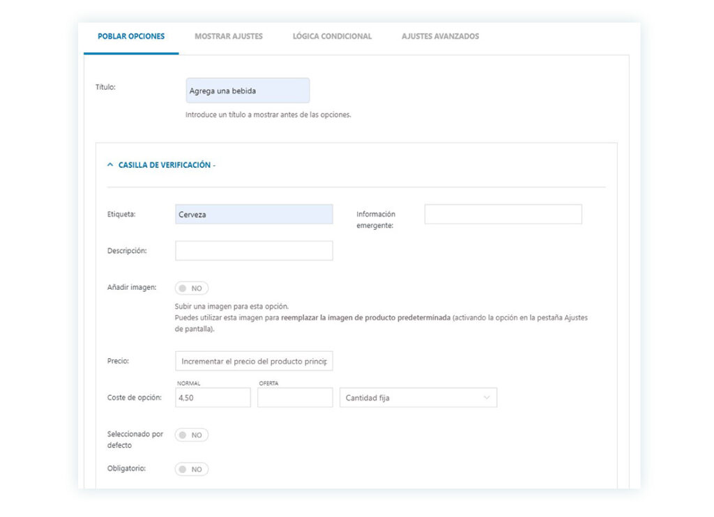 Poblar opciones de la casilla de verificación