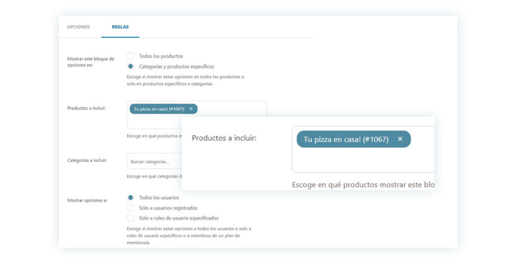 Incluir producto en reglas del bloque