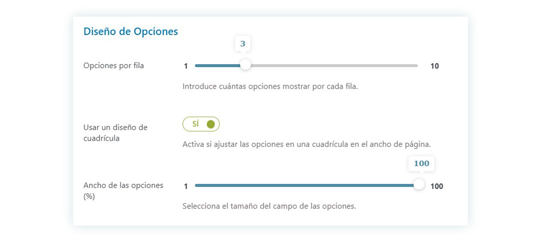 Configuraciones en Diseño de opciones