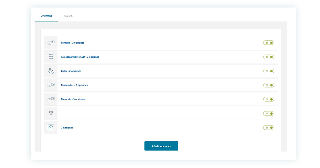 Bloque de opciones completo