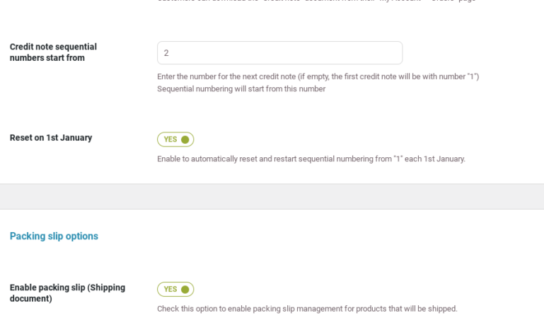 Credit note and packing slip options