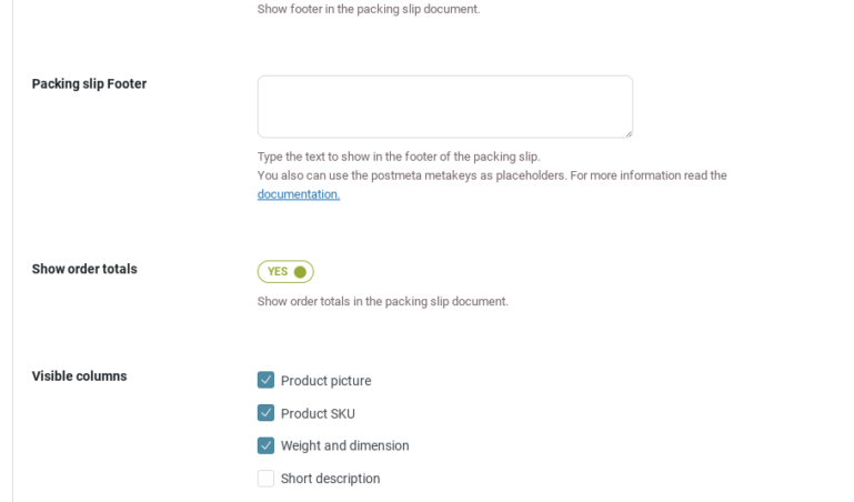 Packing slip template settings