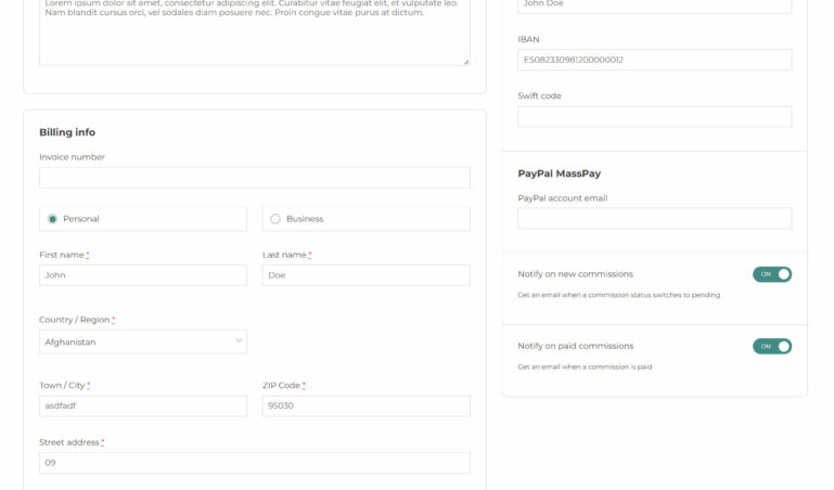 Affiliate dashboard - Settings