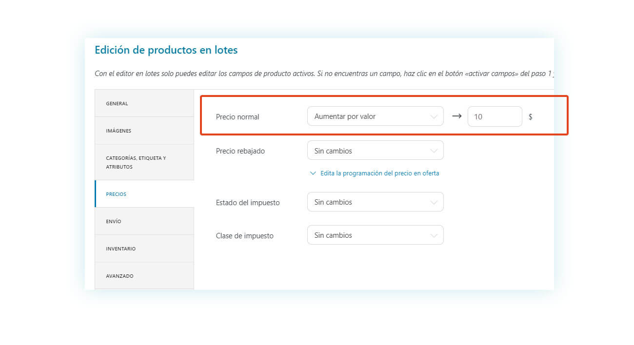 Edición de precios de productos en lotes