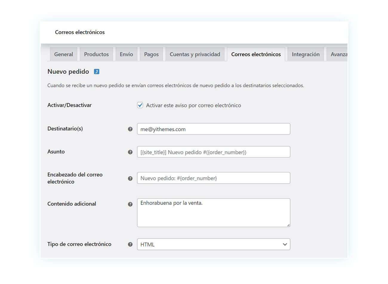 Configuración específica del correo electrónico de WooCommerce