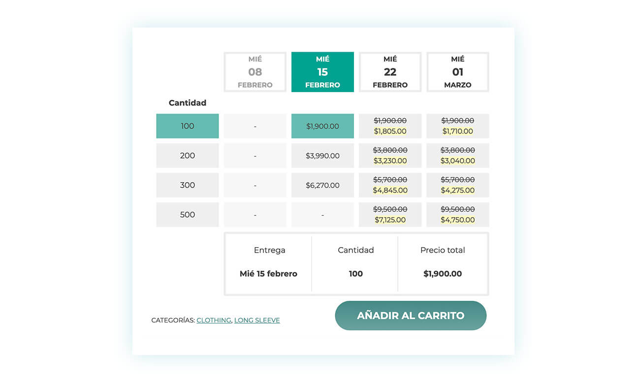 Fecha de entrega y cantidad