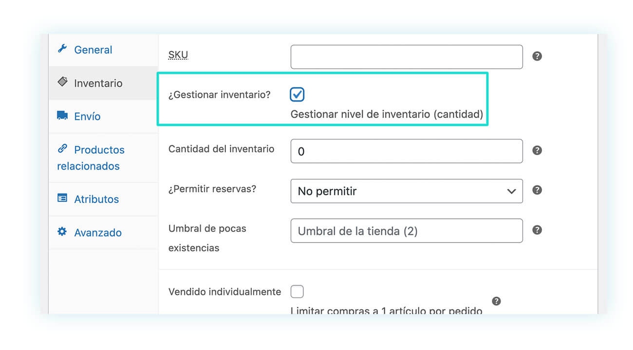 Gestionar inventario de un producto