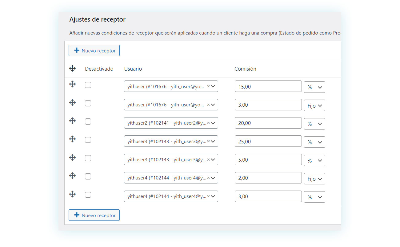 Agregar receptor con comisión