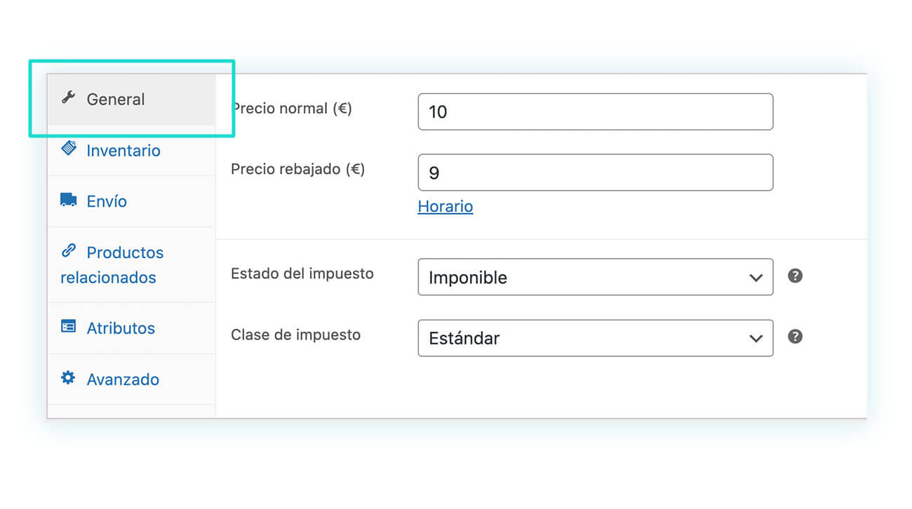 Ajustes generales producto simple