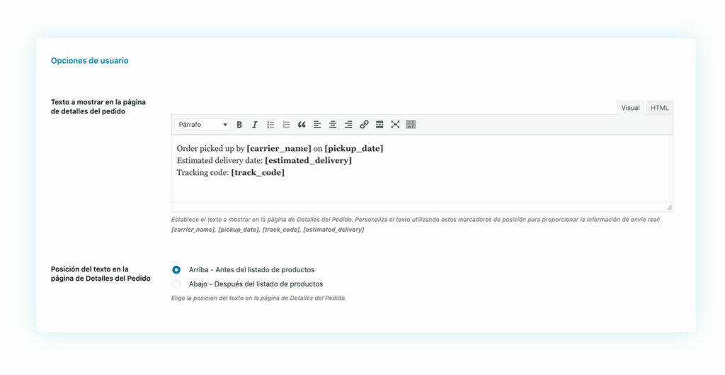 Opciones para personalizar el texto a mostrar en la página de detalles del pedido sobre envío con Order & Shipment Tracking