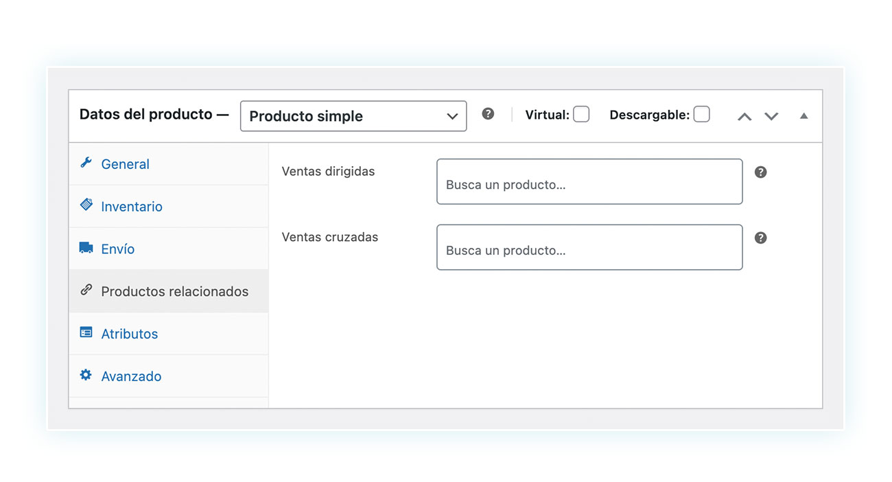 Pestaña de productos relacionados en datos del producto