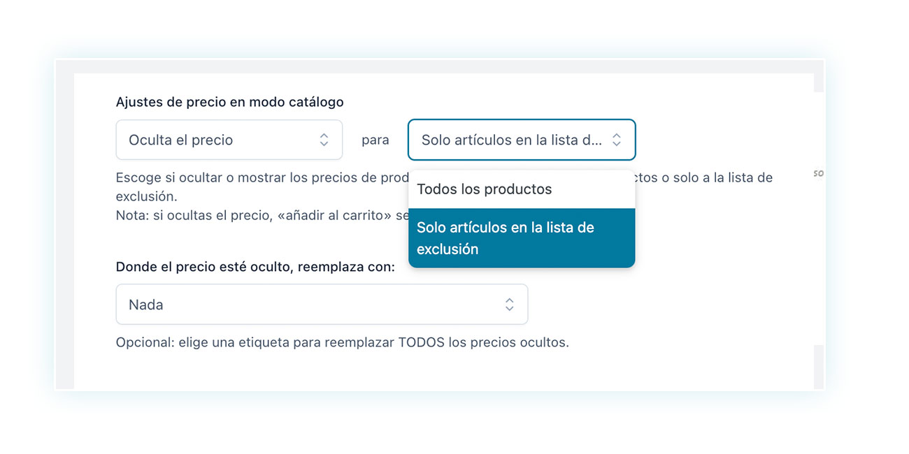 Ocultar el precio en artículos en la lista de exclusión