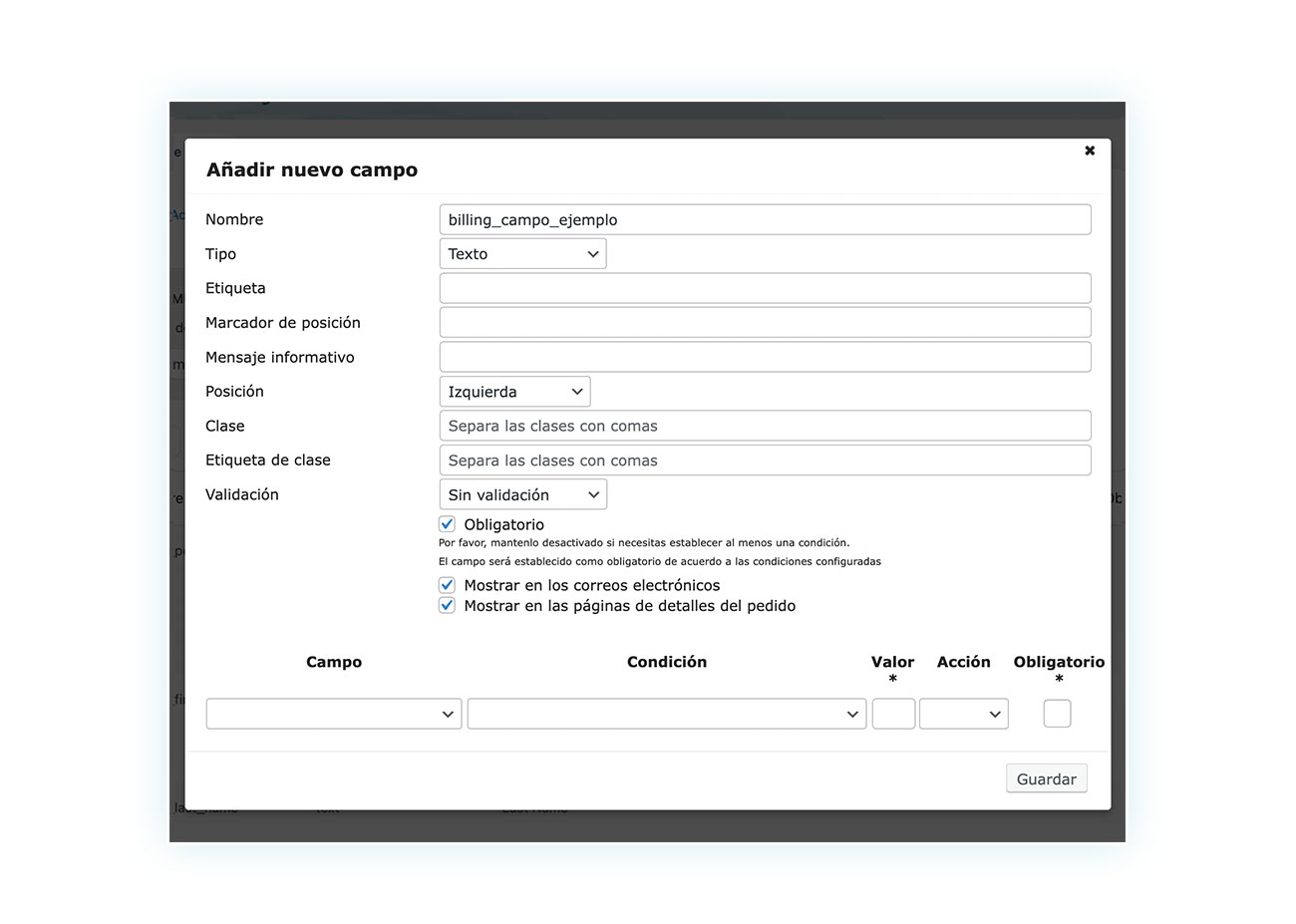 Configuración de nuevo campo