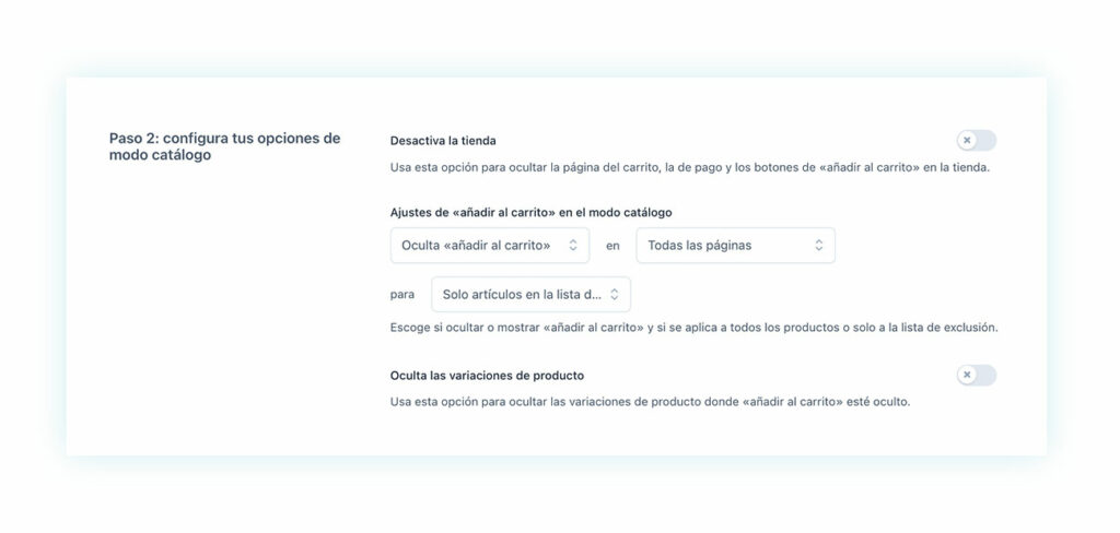 Configuración de las opciones de modo catálogo