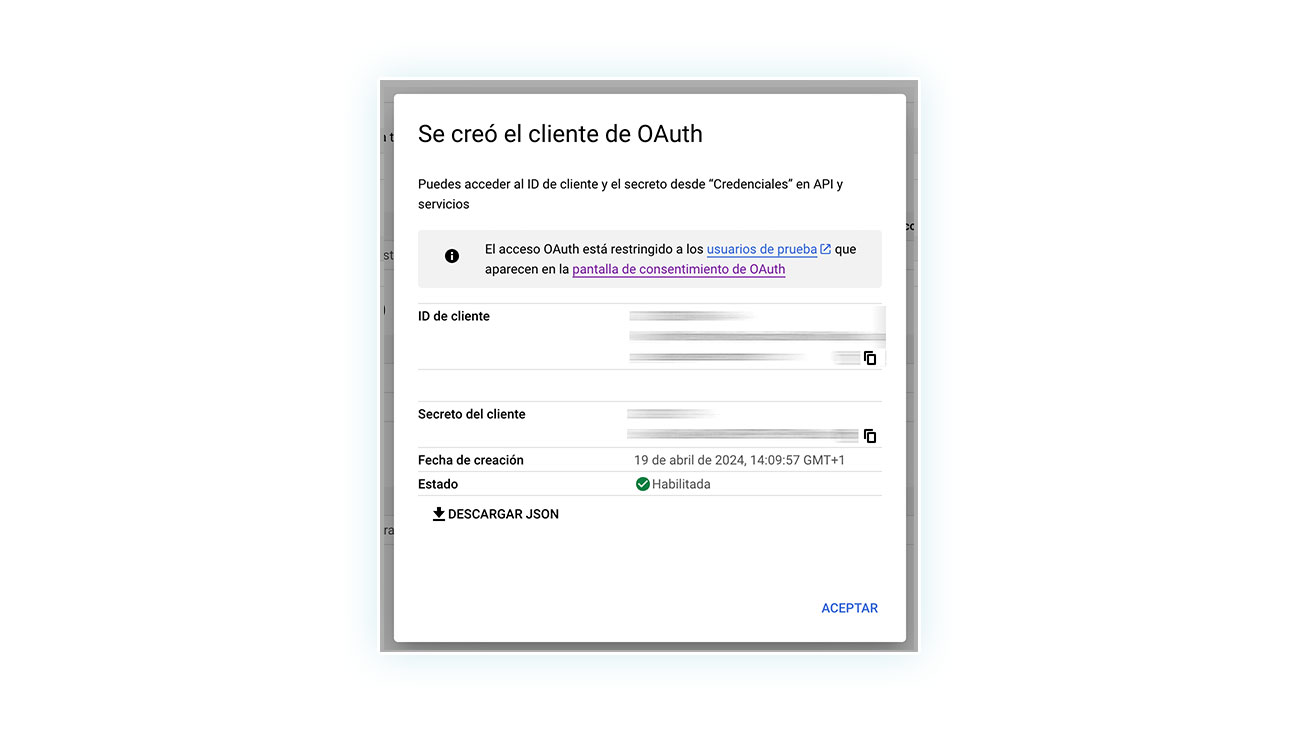 Creación correcta de cliente de OAuth - datos del cliente