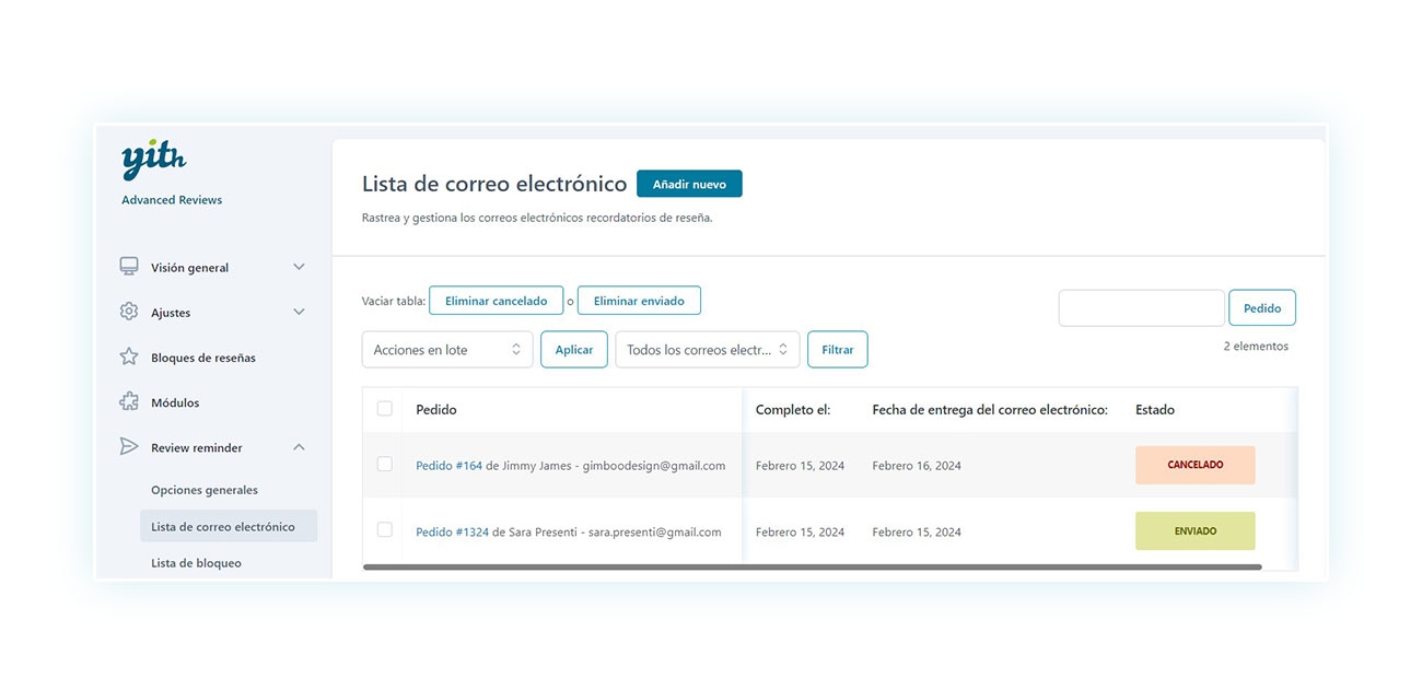 Lista de correo electrónico en módulo Review reminder