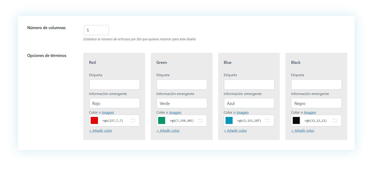 Configuraciones del filtro de color