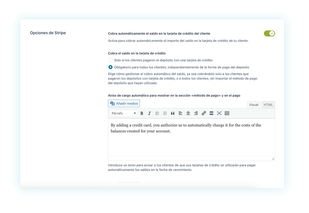 Cobro automático del saldo con opciones de Stripe