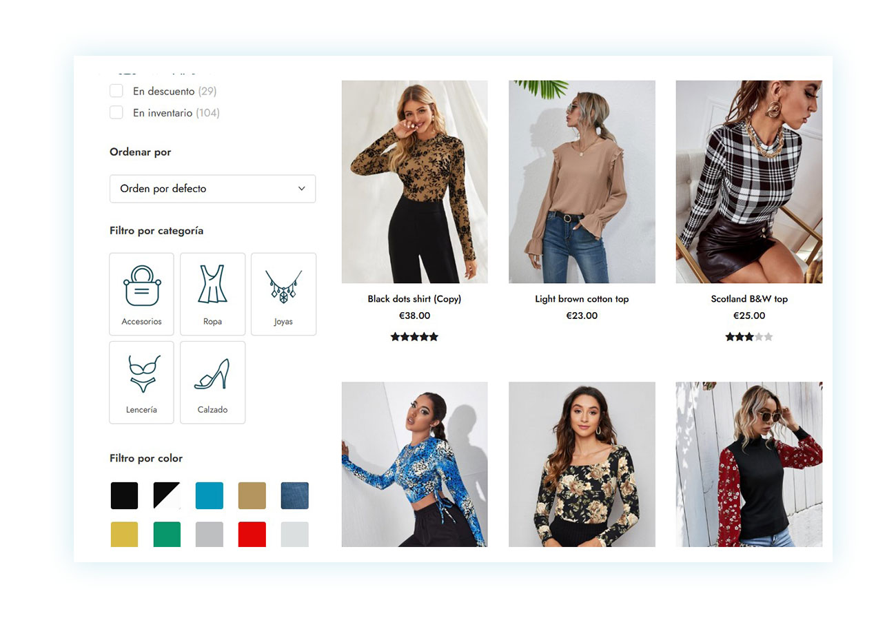 Página de la tienda con filtros