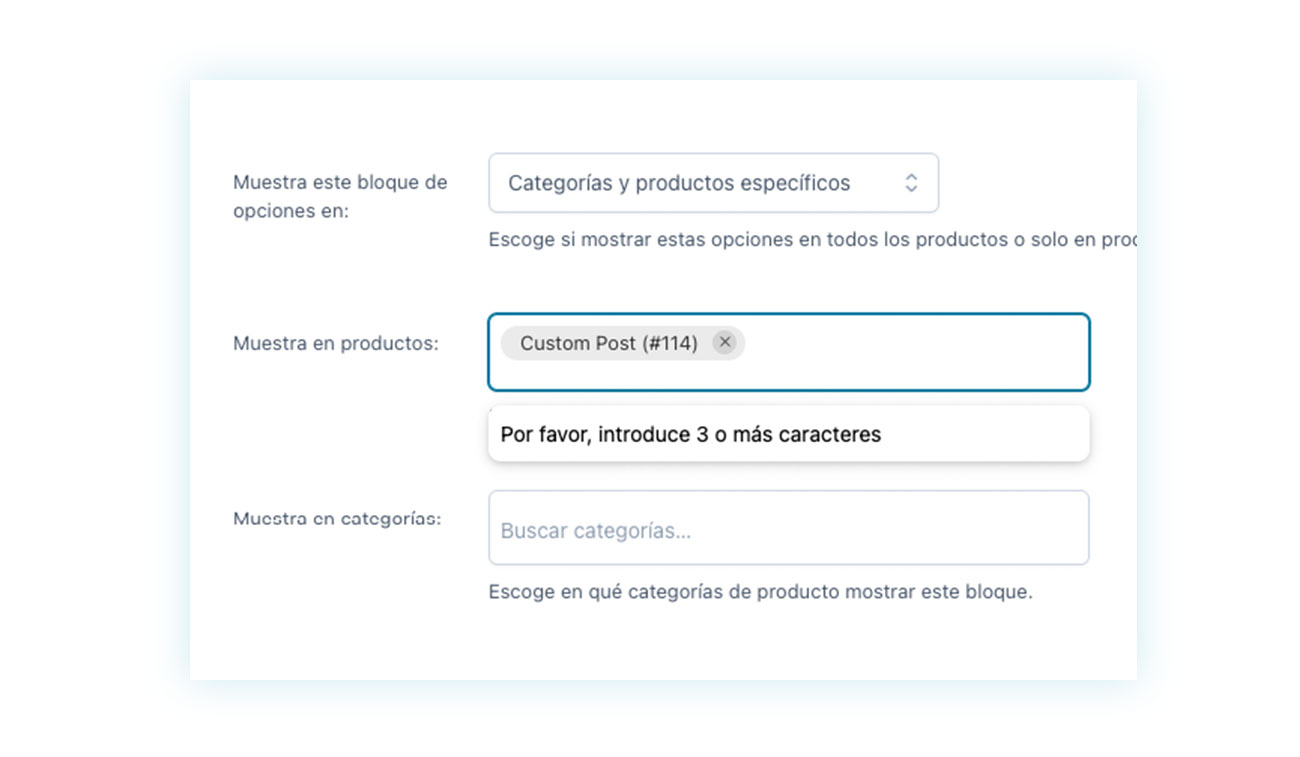 Opción para decidir en qué producto mostrar el bloque de opciones