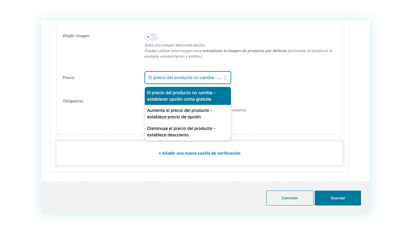 Modificación de precio por opción