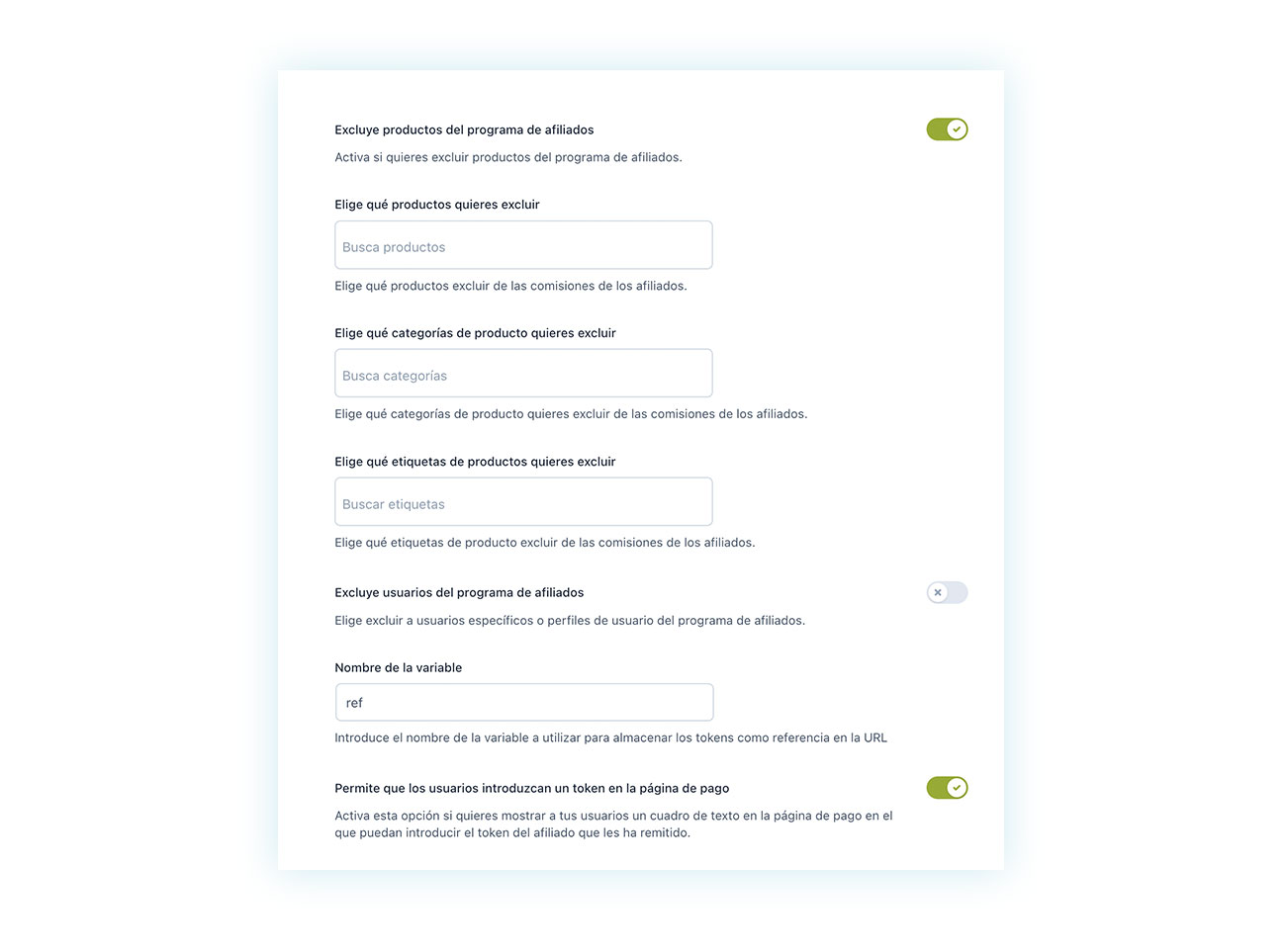Opciones para excluir productos del programa de afiliados
