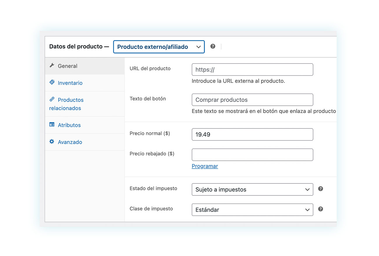 Opciones de producto de tipo externo/afiliado