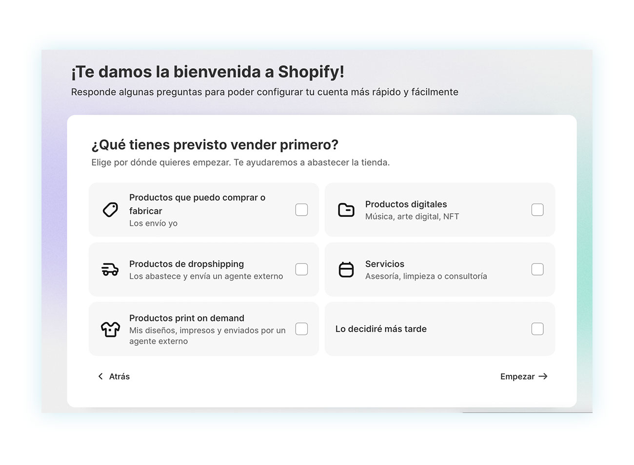 Uno de los pasos del asistente de configuración de Shopify
