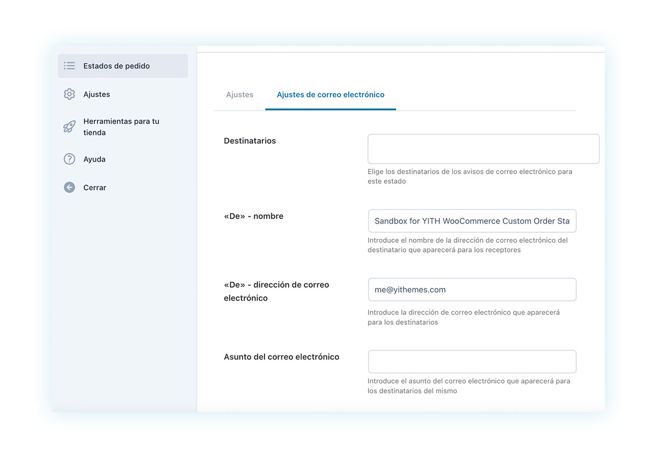 Ajustes de correo electrónico de estado