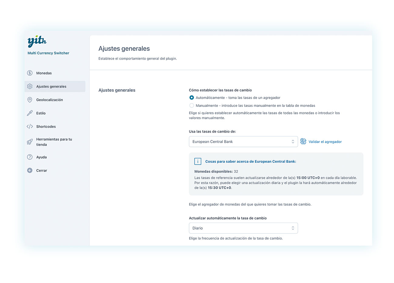 Ajustes generales de Multi Currency Switcher