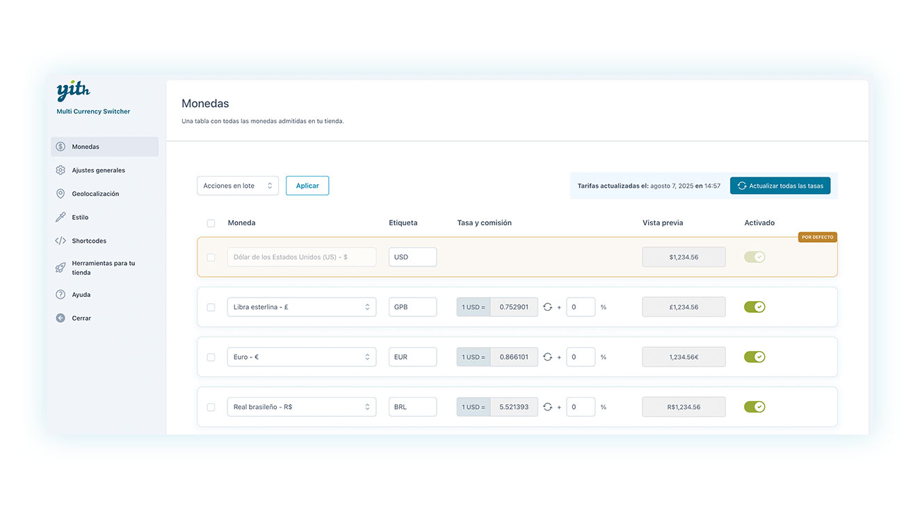 Lista de monedas disponibles en el plugin