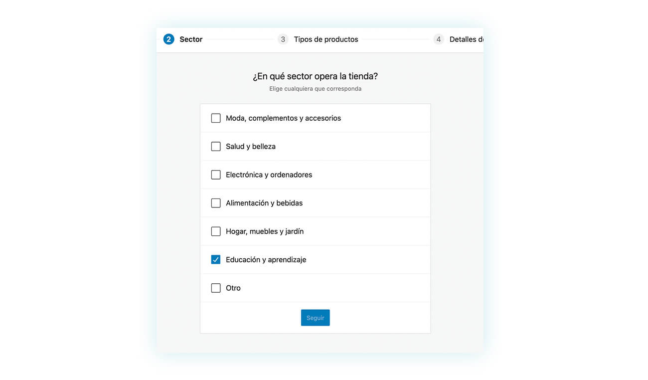 Uno de los pasos del asistente de configuración de WooCommerce