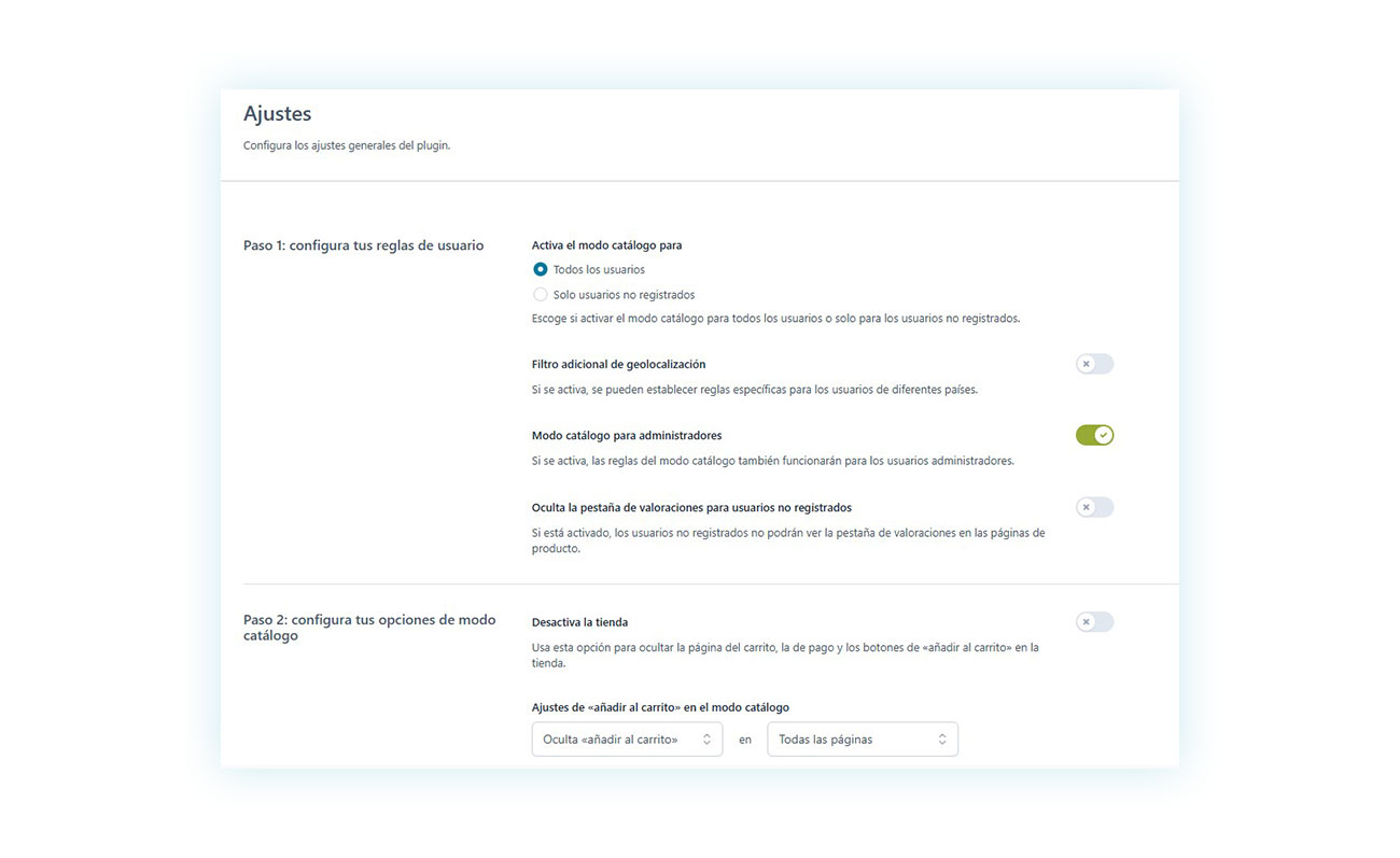 Configuración general del plugin Catalog Mode