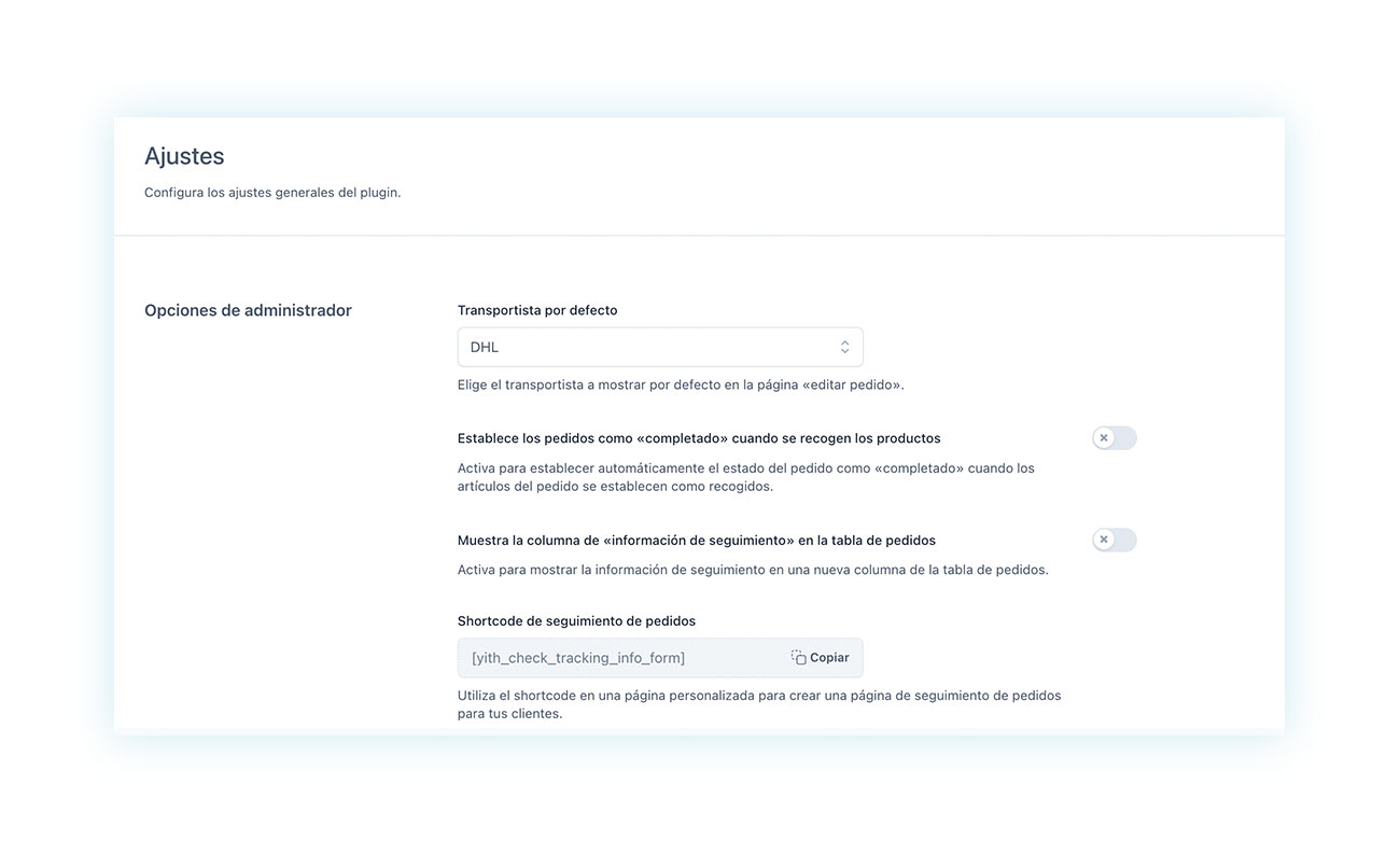 Ajustes generales del plugin YITH WooCommerce Order & Shipment Tracking
