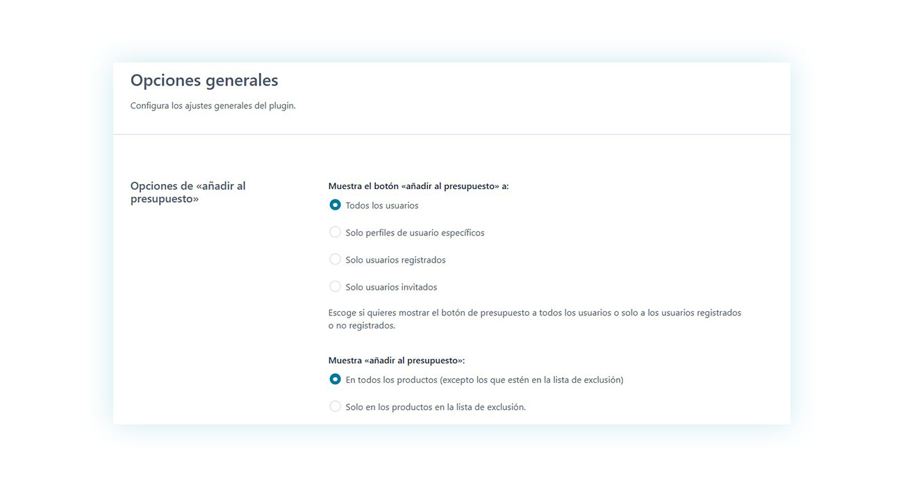 Opciones generales de Request a Quote