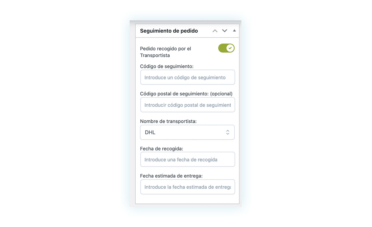 Información del seguimiento del pedido al activar la opción con información del transportista