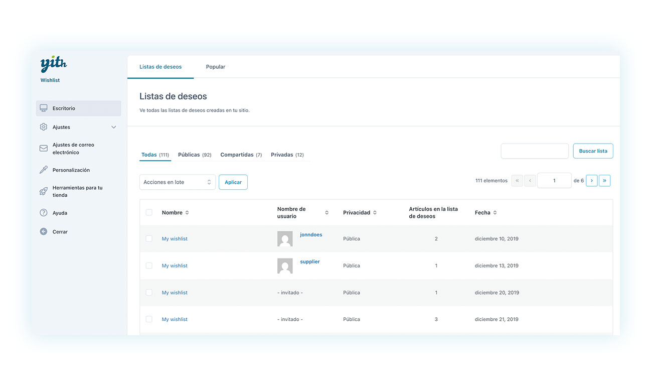 Panel de control del plugin
