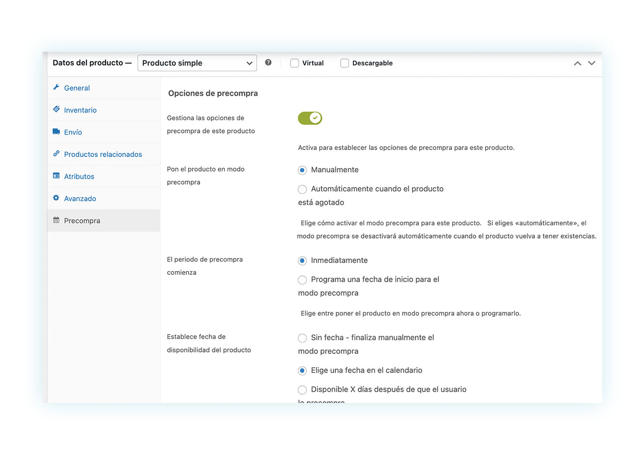 Ajustes de precompra en productos específicos