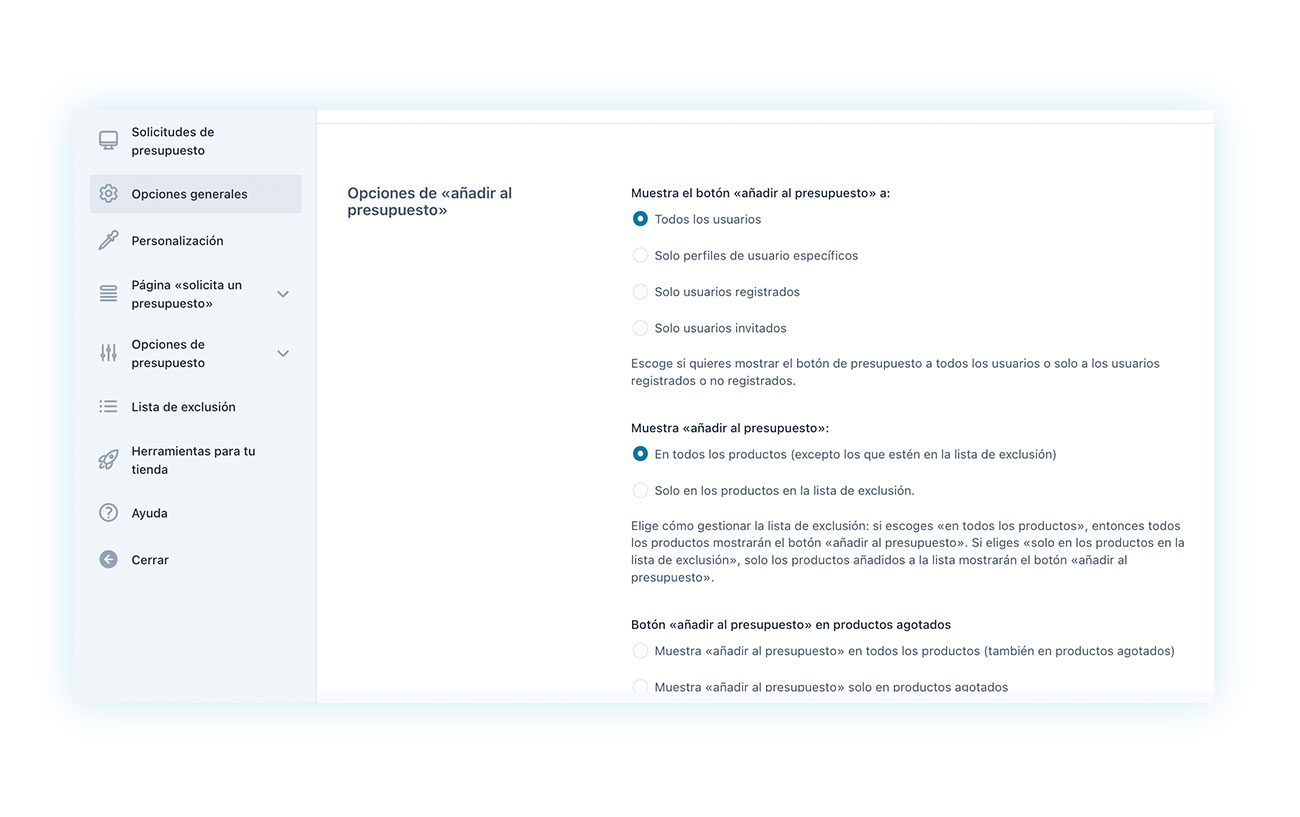 Opciones de añadir al presupuesto