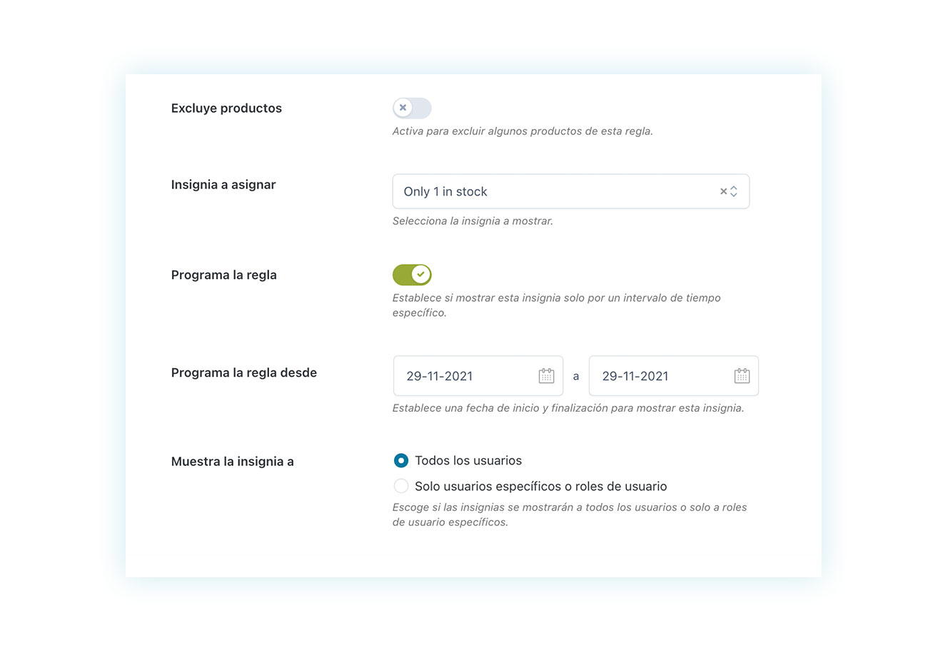 Programación de visibilidad de insignia