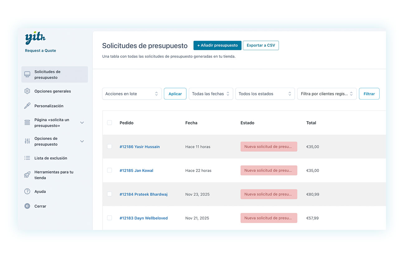 Solicitudes de presupuesto en tu tienda