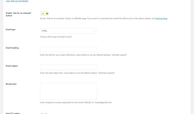 Ask for an estimate settings (1/3)