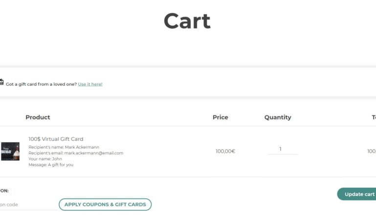 Gift card in cart