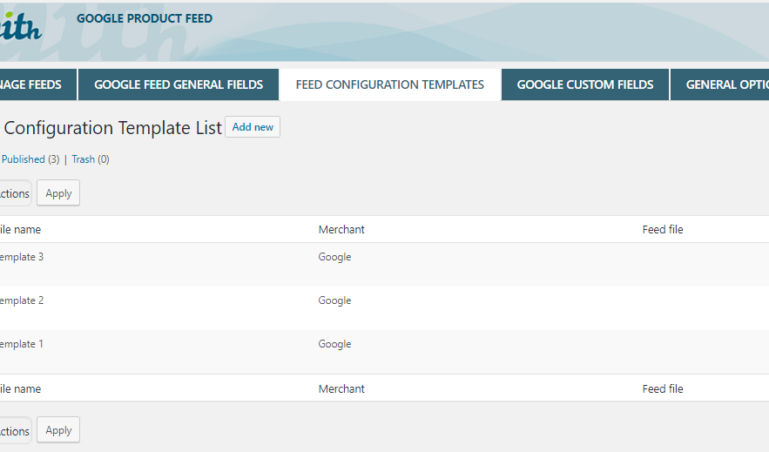 Feed configuration template list