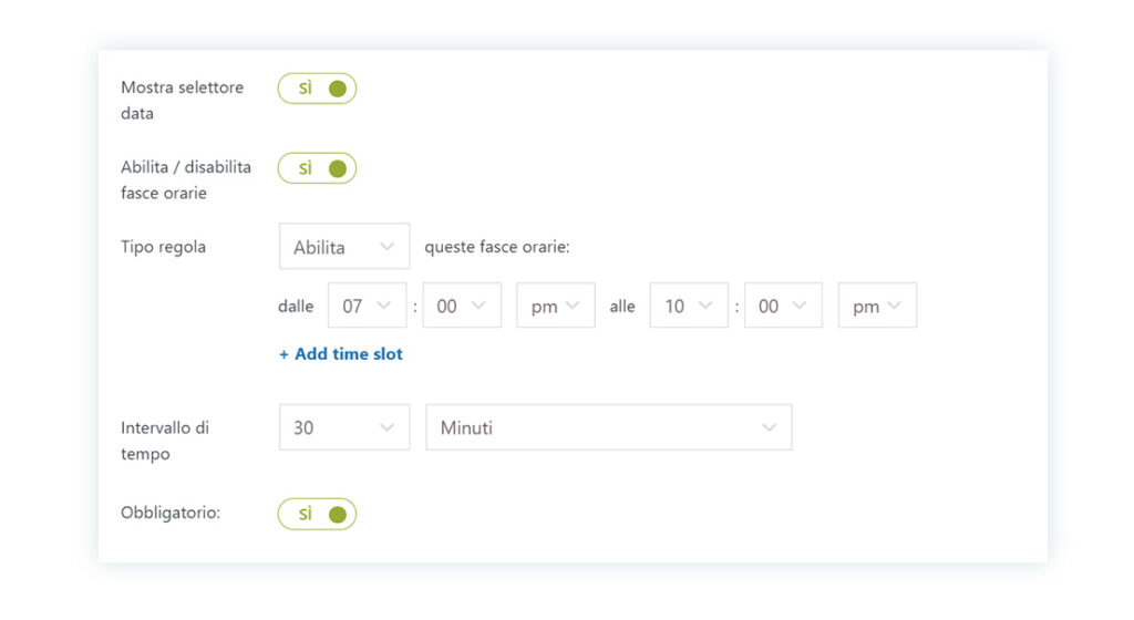 Opzioni data e fasce orarie