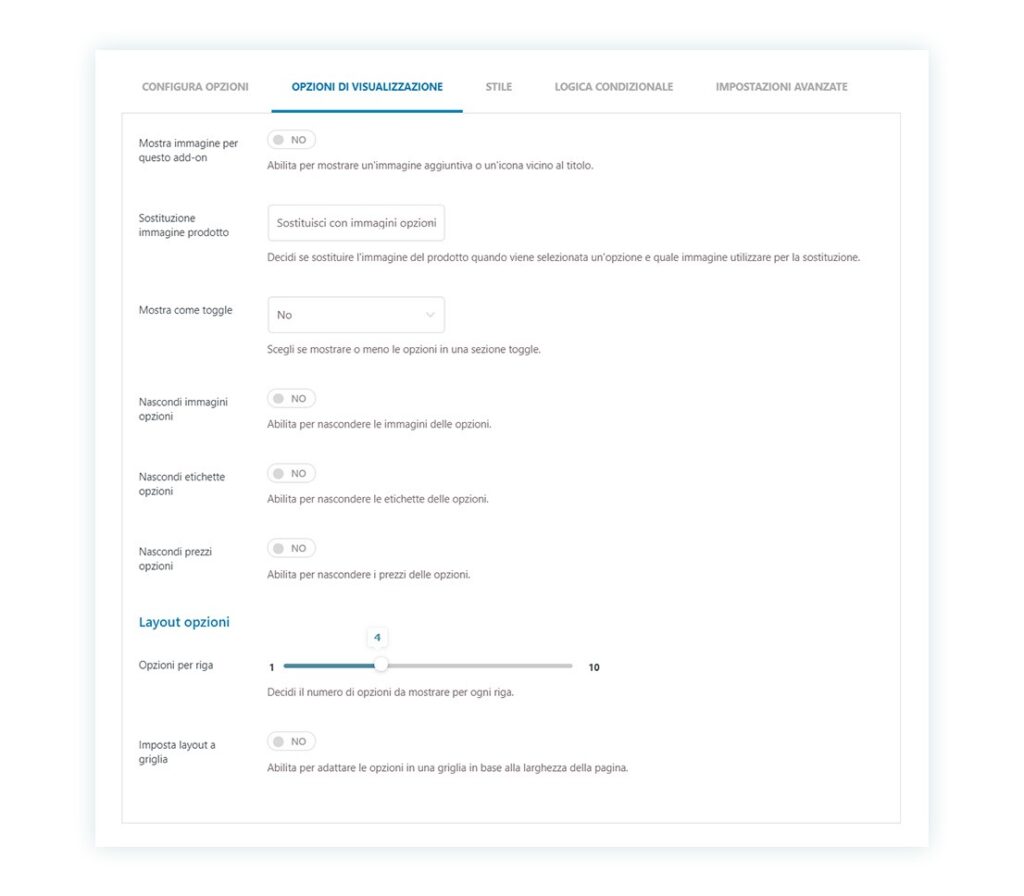 opzioni visualizzazione etichetta