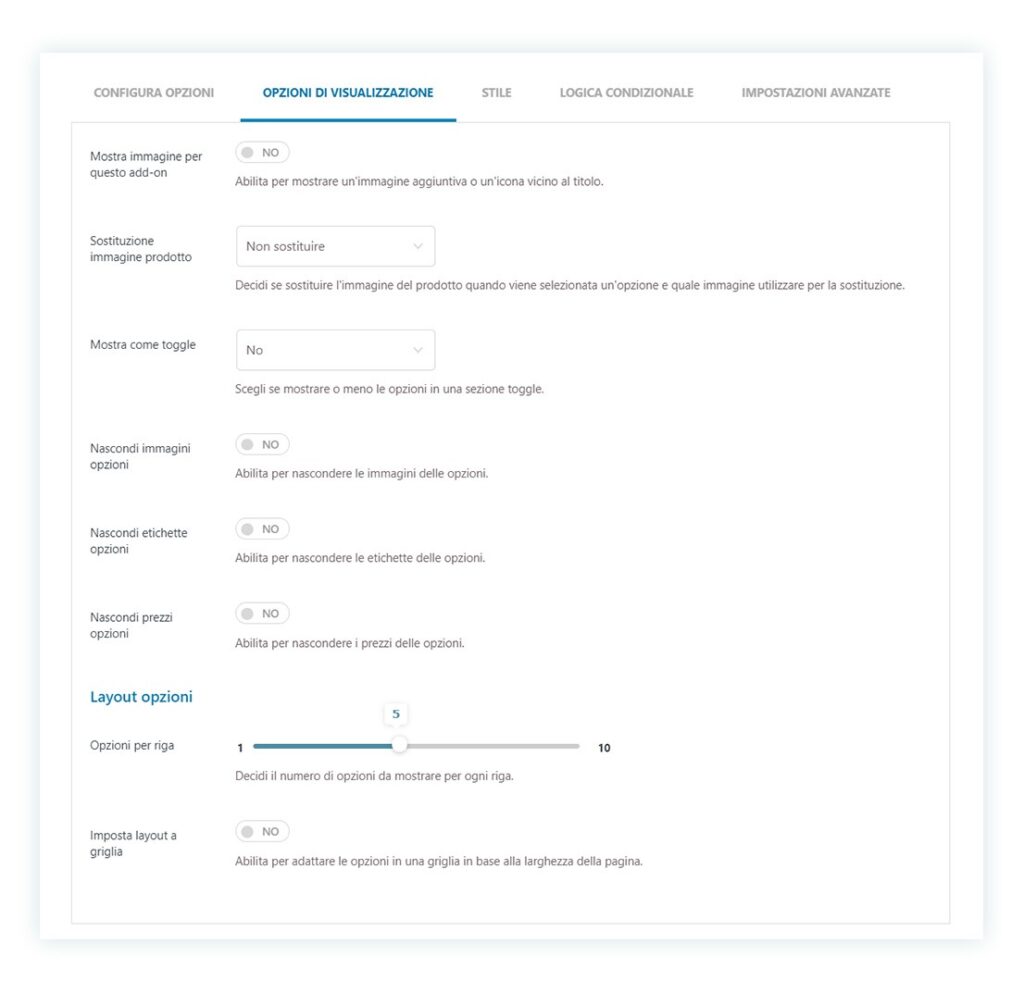 opzioni configurazione taglia