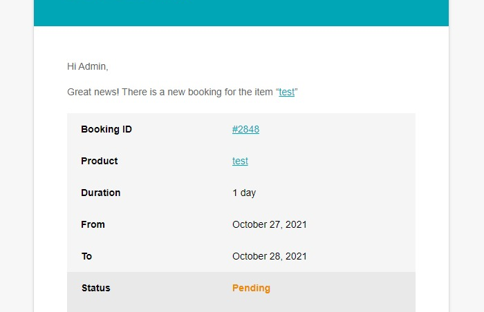 New booking confirmation email admin